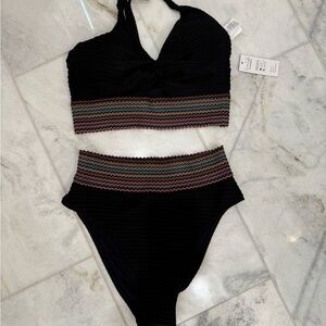 Black keyhole bikini top racer back straps with high waisted bottom set